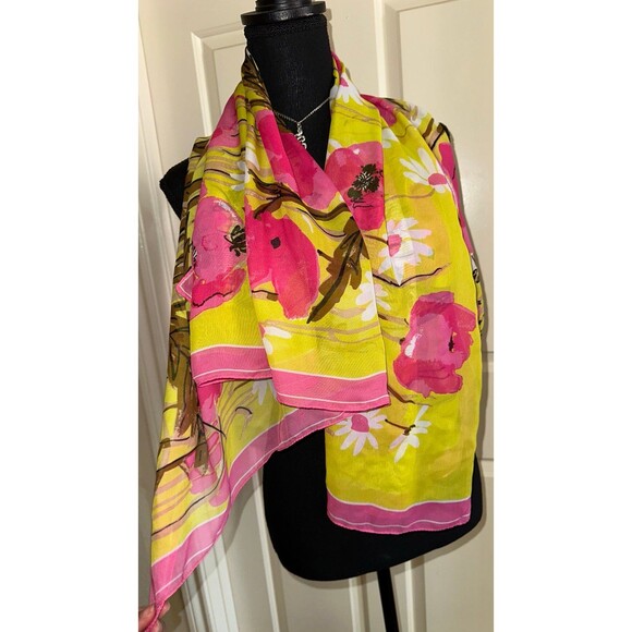 Vera Neumann large vintage Ladybug Pink Yellow Mod Floral Unique Scarf - Picture 5 of 8
